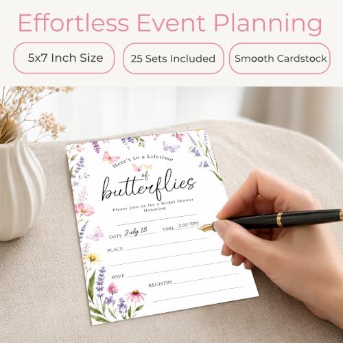 Bridal Shower Invitations, 25 Wildflower Wedding Shower Invites with Envelopes, 5x7 Butterfly Bride to Be Engagement Party Supplies - A06