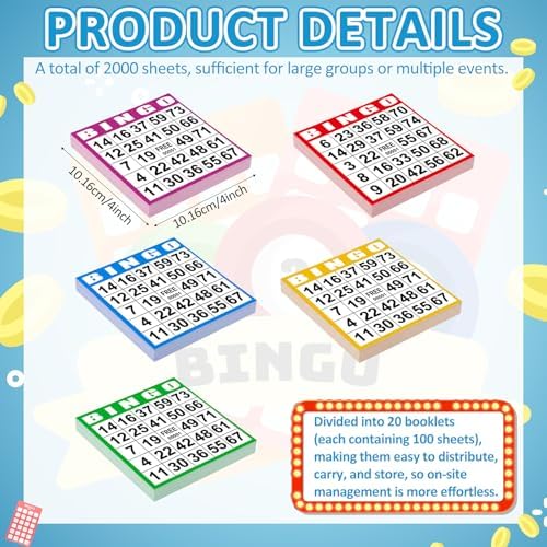 Harloon 2000 Sheets Disposable Bingo Game Cards, Bright Color