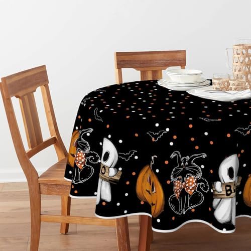 Horaldaily Halloween Tablecloth 90 x 90 Inch Round Jack-O-Lantern Ghost Cat