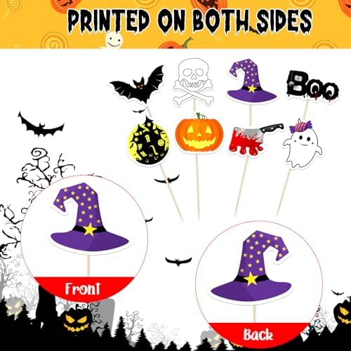 NEBURORA 64 Pcs Halloween Cupcake Toppers Pumpkin Bat Ghost Boo Cake Picks