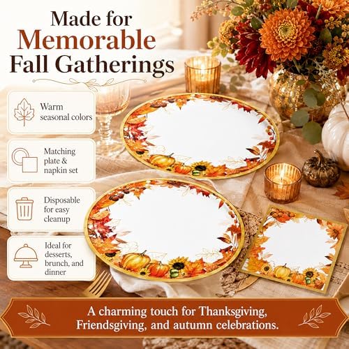 50Pcs Fall Oval Paper Plates Napkins, Pumpkin Autumn Thanksgiving Party Set