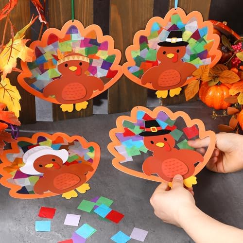 Chiisong 24 Sets Thanksgiving Turkey Crafts DIY Turkey Tissue Paper Crafts