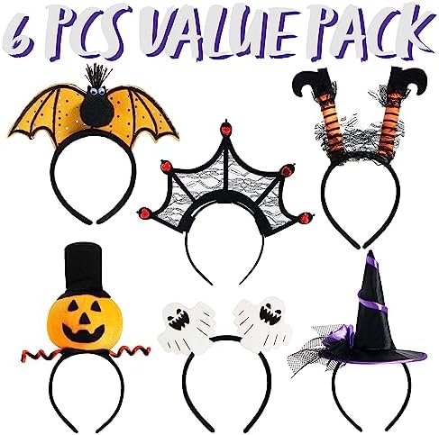 JOYIN 6 Pcs Halloween Headbands Pumpkin, Bat, Witch, Ghost, Witch Legs, Spider Web for Halloween Party, Costume, Trick or Treating, Cosplay Decoration (One Size Fit All)