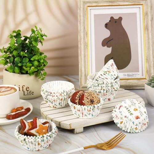 Whaline 300Pcs Floral Cupcake Liners Spring Flowers Paper Baking Cups Colorful Wildflower Muffin Liner Cupcake Wrappers for Baby Shower Bridal Shower Wedding Party Baking Supplies, 2 x 1.2 Inch