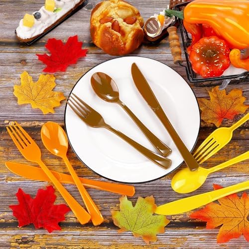 Kochorie 300 Pieces Thanksgiving Plastic Silverware Fall Heavy Duty Utensils Set Heavyweight Disposable Flatware Includes Orange Yellow Brown Spoons Forks Knives for Thanksgiving Dinner Party Supplies