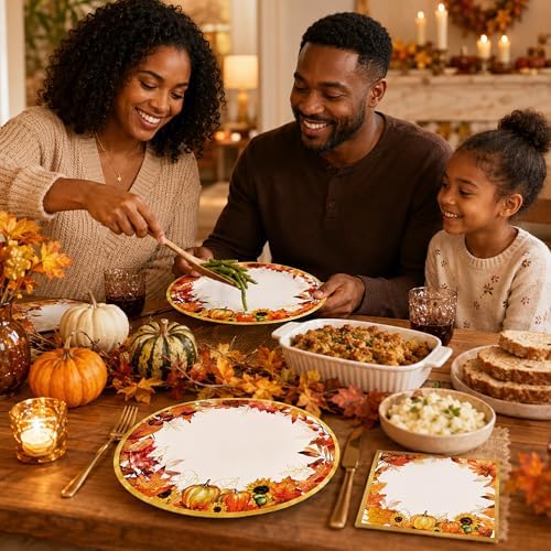 50Pcs Fall Oval Paper Plates Napkins, Pumpkin Autumn Thanksgiving Party Set