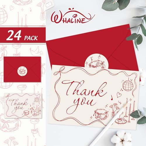 Whaline 24 Pack Wedding Thank You Cards Vintage Red Bow Cake Thank You Blank Note Card Greeting Cards with Envelope Sticker for Bridal Shower