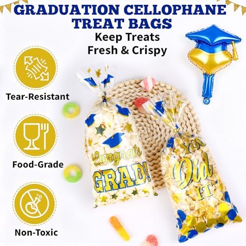 QOIUSO 100 PCS Graduation Cellophane Treat Bags - Congrats Graduates Candy Plastic Clear Goodies Wrapping Bags with 110 PCS Twist Ties for Graduation Day Grad Party Supplies