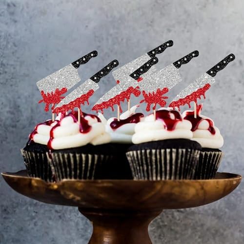 Rsstarxi 24 Pack Halloween Cupcake Toppers Horror Blood Knife Cupcake Picks Have a Killer Birthday Cake Decorations for Halloween Blood Knife Theme Birthday Party Decorations