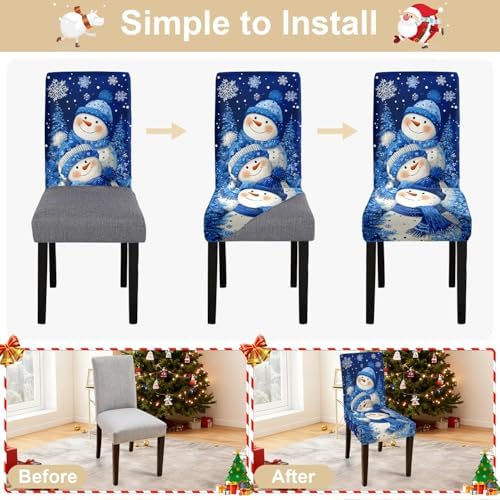 Snowman Chair Covers Set of 4, Stretchable Dining Chair Slipcovers with Snowflakes and Winter Trees for Christmas Holiday Decor