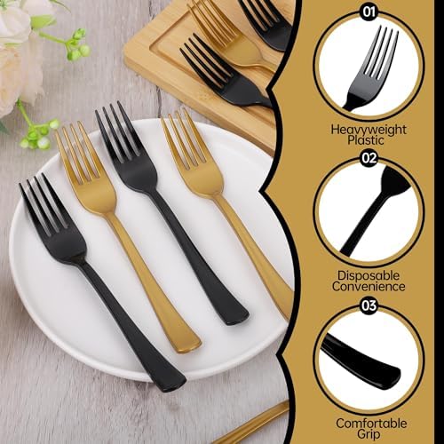 Kochorie 180 Pcs Black and Gold Plastic Forks Graduation Disposable Silverware Heavy Duty Plastic Cutlery Set Durable Utensils Flatware for Graduation Party Wedding Birthday Supplies and Daily Use