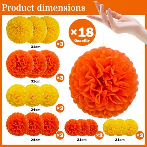 Recosis Yellow Orange Party Decorations, 18 Pcs Paper Pompoms Decorations
