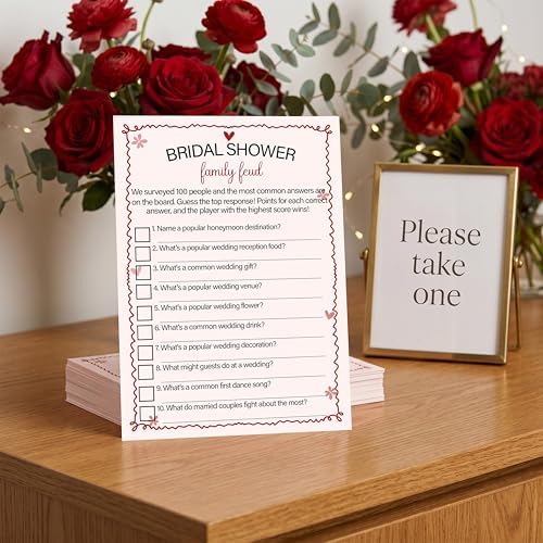 Pink Bridal Shower Family Feud Games Cards - 30 Fun Wedding Party Game Cards for Bridal Shower, Engagement, Bachelorette & Newlywed Party, Icebreaker Activity Supplies & Decorations