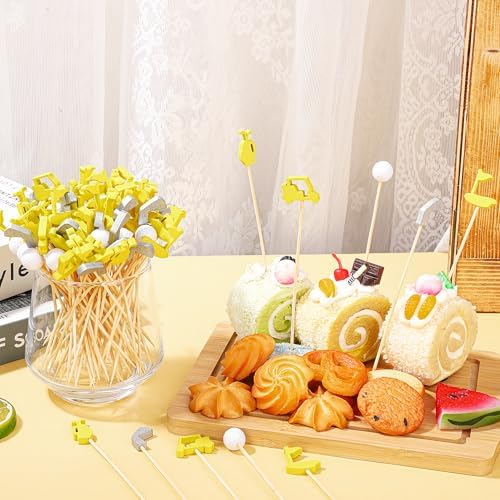 Aodaer 200 Pieces Golf Cocktail Picks for Appetizers 4.7 Inch Golf Themed Decorative End Fruit Toothpicks Skewers Bamboo Cocktail Picks for Sports Catered Events Buffet Party Supplies, Yellow