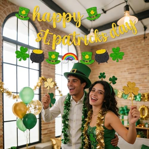 Pre-Strung Happy St. Patrick's Day Banner, Glitter Shamrock Garland with Leprechaun Hats, Rainbows & Clovers, St Patrick's Day Decorations for Party