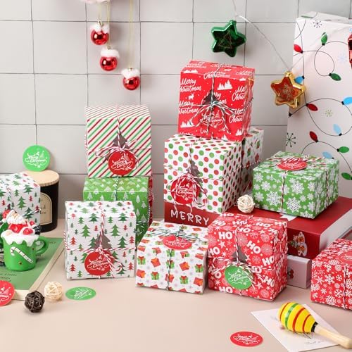 Glenmal 200 Set Christmas Bakery Cookie Boxes Cupcake Containers with Christmas Tree Window Xmas Day Cupcake Candy Goody Treat Gift Boxes with Cotton Rope Label for Xmas Party Favors Supplies