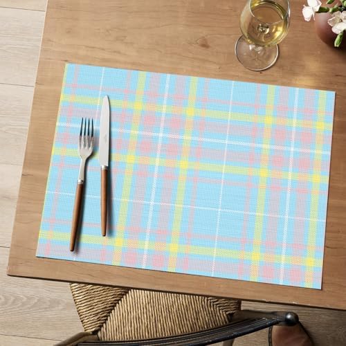 Artoid Mode Blue Striped Check Vinyl Placemats Set of 4, Heat Resistant Non-Slip Woven Plastic PVC Place Mats for Party Kitchen Dining Decor