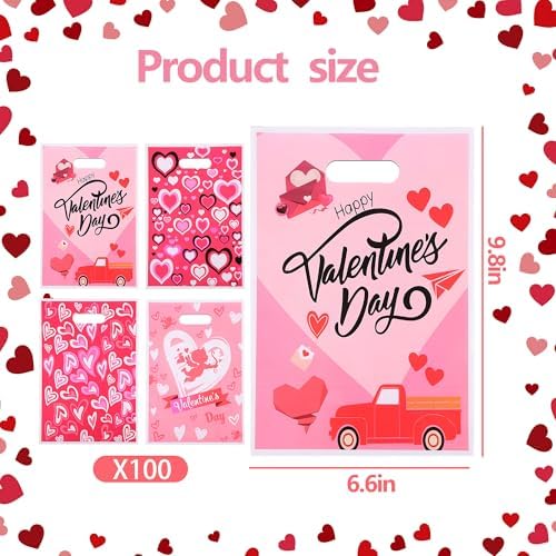 EUVBOKW 100Pcs Valentine's Day Treat Bags with Handle, Heart Shaped Goodie Bags for Candy, Wedding Baby Shower Favors