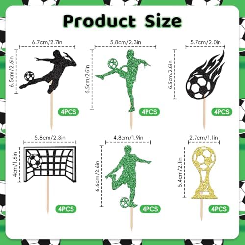 24Pcs Soccer Cuocake Toppers, Glitter Soccer Ball Party Cake Decorations