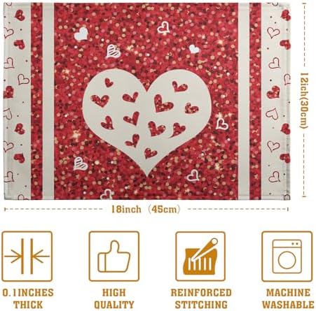 Valentine Hearts Placemats Set of 4, 12x18 Inch Red White Love Heart Linen Table Mats Romantic Wedding Heat Resistant Washable Place Mat for Party Kitchen Dining Outdoor Indoor Decor