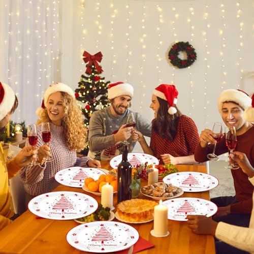 Lonfliness 50PCS Christmas Tree Oval Paper Plates Merry Christmas Red White Paper Plate Decorations Snowflake Gifts Candy Disposable Tableware Large 11inch Decor for Xmas Gathering Dinner Supplies