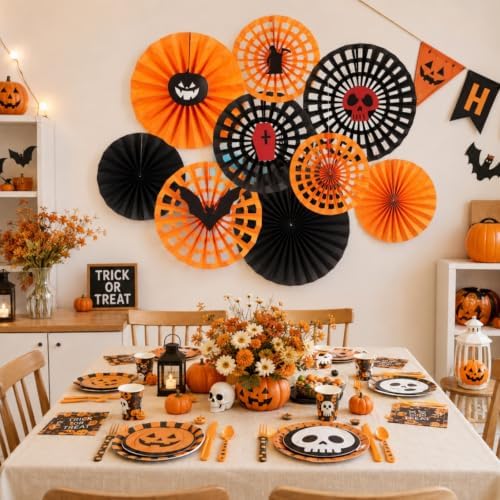 Honeycomb Round Paper Fans, 9Pcs Black Orange Halloween Party Decorations