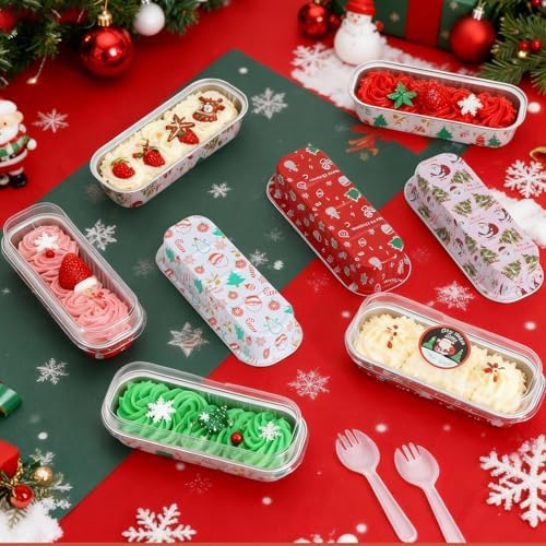 100Pack Christmas Mixcolor Mini Cake Pans with Lids and Spoons Mini Loaf Pans with Lids, 6.8Oz Aluminum Foil Pans Tins, Individual Dessert Cups Containers for Sales,Party,Picnics