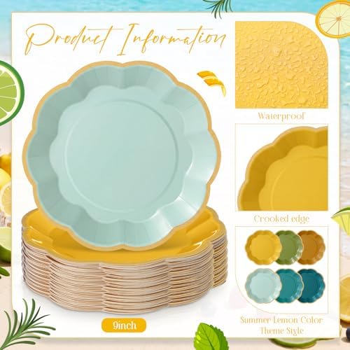 72 Pcs Summer Lemon Paper Plates 9 Inch Blue and Yellow Gradient Scalloped Paper Disposable Dinner Dessert Plates for Summer Birthday Wedding Bridal Party Supplies, 6 Colors