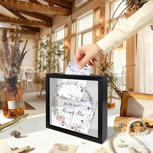 Floral Black Wedding Card Box for Reception with Acrylic Window, 20 Advice and Wishes Card, Remembrance Table Decor for Bridal Shower Engagement Graduation Party Baby Shower, 8 x 8 in