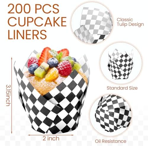 Maxdot 200 Pcs Checkered Tulip Cupcake Liners for Baking White Black Plaid Paper Muffin Baking Cups Checkered Tulip Muffin Liners Wrappers for Race Car Birthday Party Supplies