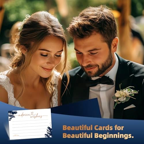 Navy Blue Advice and Wishes Cards with Decorative Wood Box - 60 Pack Tropical Palm Leaves Message Cards - Keepsake Guest Book Alternative for Graduation, Wedding, and Anniversary
