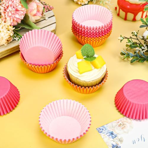 Whaline 300Pcs Orange Pink Cupcake Liners Paper Baking Cups Summer Standard Muffin Cupcake Wrappers for Party Supplies Table Decor