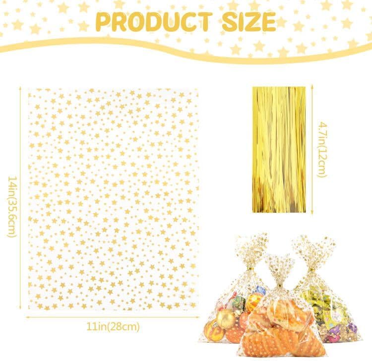 COQOFA 11" X 14" Cello Cellophane Treat, Party Favor, Candy, Cookie and Goodie Plastic Storage Bags for Bakery, Birthday, Wedding, Party - 50 pcs Gold