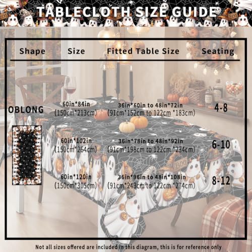 Halloween Tablecloth Rectangle 60 x 84 Inch, Washable Fabric Spiderweb Black Halloween Tablecloth Rectangular Spider Web Ghost Table Cloth Rectangle Table Cover for Kitchen Dining Party