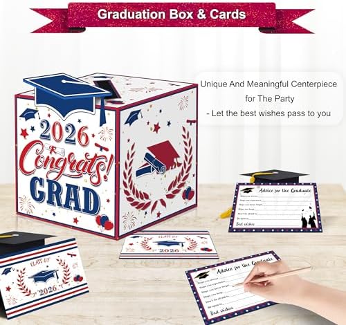 Graduation Wish Cards with Red Blue White Card Holder Box - 36PCS Class Of 2026 Advice Cards and 2026 Congrats Grad Card Box for Graduation Party Supplies Decoration
