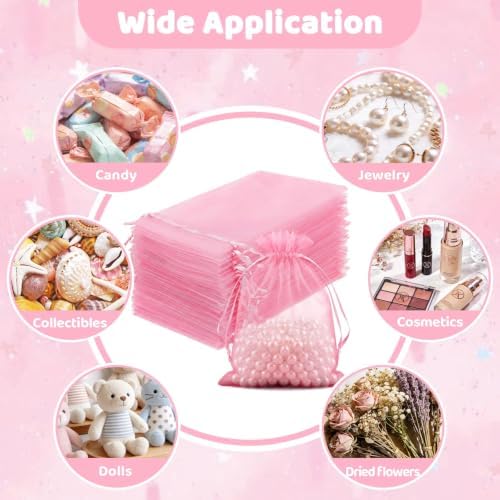 FUNFERY 100PCS Pink Organza Gift Bags 5x7in,Drawstring Pouch for Jewelry