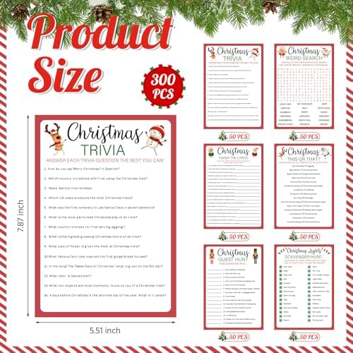 Sinload 300 Pcs Christmas Trivia Game Cards for Adults Family Coworkers