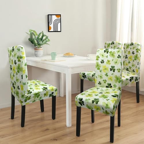 St Patricks Day Chair Covers Set of 4, Green Four Leaf Clover Dining Chair Covers, Elastic Removable Washable Dining Chair Covers for St. Patricks Day Kitchen Dining Room Holiday Party Decor