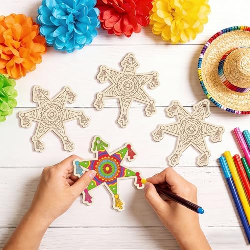 24PCS Wooden Cinco De Mayo Crafts Decorations Mexico Crafts for Kids Fiesta Party Ornaments to Paint, DIY Blank Unfinished Mexican Theme Carnival Cutouts for Tree Hanging Taco Birthday Party