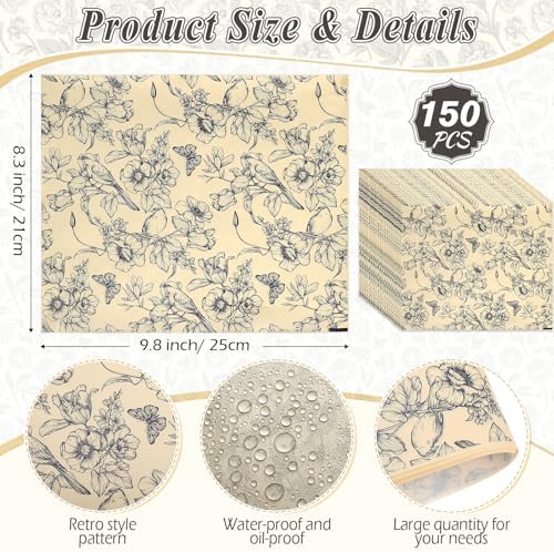 AmazingSpark 150 Pcs Deli Wax Paper Sheets for Food 8 x 10 Inch Greaseproof Waterproof Sandwich Wrapping Paper Basket Liner for Outdoor Picnic Beach Wedding Birthday Baby Shower(Flower Bird 3)