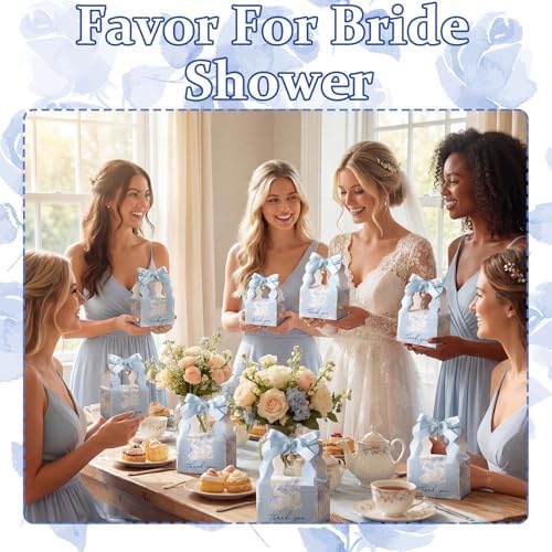 ForraFun 50 Sets Floral Wedding Favor Boxes with Pearl Pendant Bow, Blue