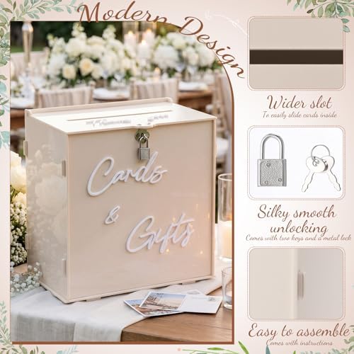 BreezeHug 10" Light Beige Acrylic Wedding Card Box with Lock & DIY Letters
