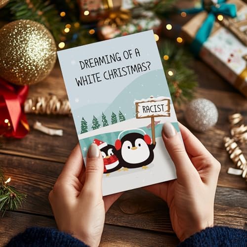 Funny Penguin Christmas Card for Men Women, Dark Humor Xmas Card, Sarcastic Holiday Cards Gift for Friend Brother Sister, Dreaming of a White Christmas
