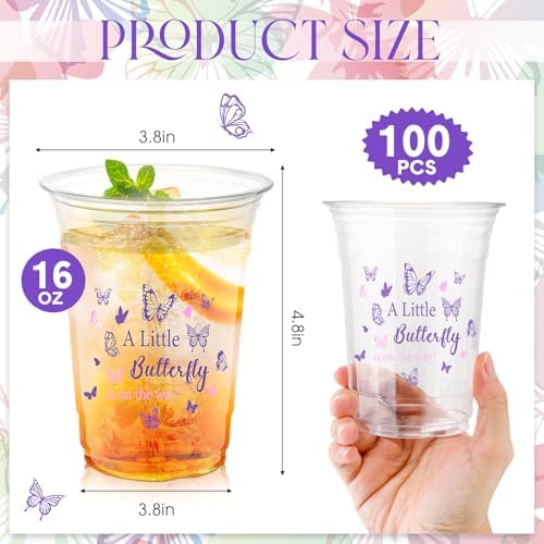 100 Pcs Butterfly Plastic Cups 16 oz Disposable Clear Plastic Cups