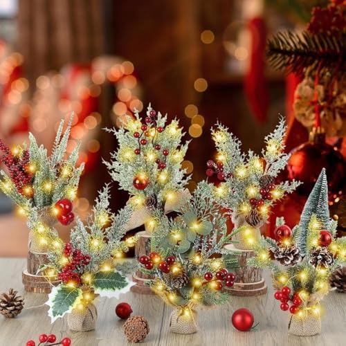 YLOLUL 6 Pcs Mini Christmas Tree Table Decorations Artificial Small Christmas Trees for Farmhouse Christmas Centerpiece Table Decoration for Kitchen Table Decor (6, Classics, Mini)