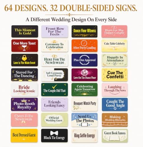 64 Designs Wedding Photo Booth Props, 32 Double-Sided Selfie Signs