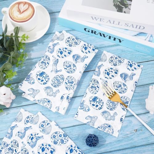 Whaline 40 Pcs Easter Guest Napkins Paper Napkins Blue White Chinoiserie Bunny Rabbit Egg Floral Disposable Bathroom Hand Towels for Spring Bridal Baby Shower Party Dinner Table Supplies