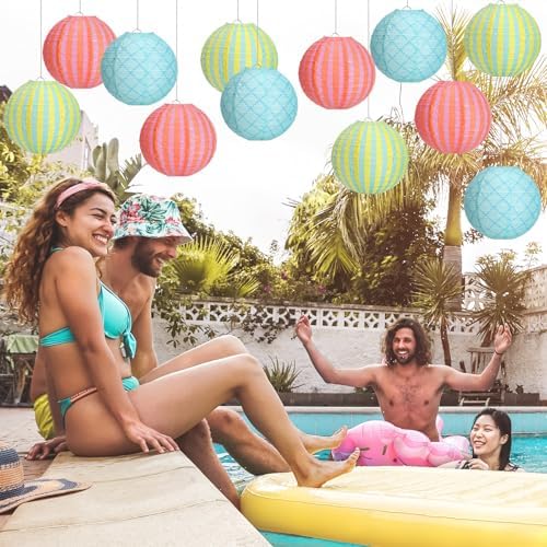 Baquler 12 Pcs Summer Pool Hanging Lanterns Decorations, Funny Colors