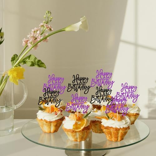 24 PCS Happy Birthday Cupcake Toppers Glitter Happy Birthday Cupcake Picks for Celebrating Anniversary Theme Party Cake Decorations Supplies Black Purple