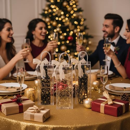 Henoyso 12 Pcs Christmas Wine Gift Bags Bulk Holiday Foil Wine Bottle Covers, Christmas Clear Gift Bags with Handles and Bow Ribbon for Xmas Wedding Engagements Party, 13 x 5 x 4 Inches (Classic)